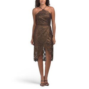 ADRIANNA BY ADRIANNA PAPELL bronze Sleeveless Halter Lace Dress